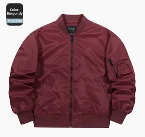 Detail of burgundy MA1 bomber jacket featuring ribbed collar and sleeve zipper pocket