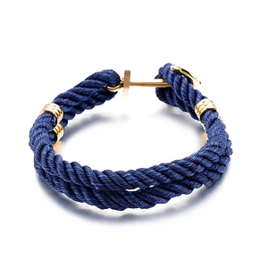 Men's navy blue braided nylon rope bracelet with gold stainless steel anchor clasp