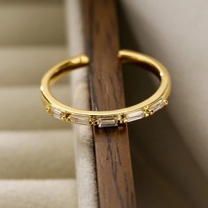 Elegant gold-plated geometric open ring with rectangular zircon stones for women