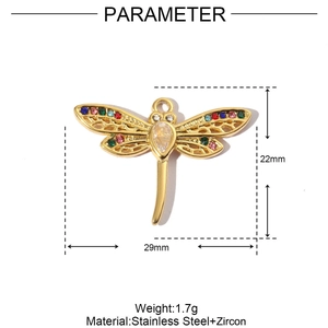 Detailed parameter chart for dragonfly zircon pendant showing dimensions and weight