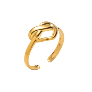 Detailed close-up of a golden knot-style adjustable open ring with polished metal finish
