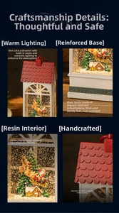 Macro details of white Christmas lantern featuring musical scenes and warm LED lighting