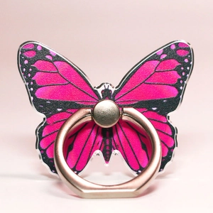 Detailed view of butterfly phone ring holder with acrylic wings and metal loop