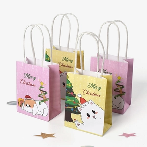 Mini Christmas theme gift paper bags with festive cartoon cat and dog illustrations