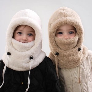Close-up of plush fleece texture and adjustable drawstring on winter balaclava hood