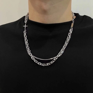 Stainless Steel Double Layer Necklace Cross Pendant Tag Hip Hop Punk Long Chain Jewelry For Men Women