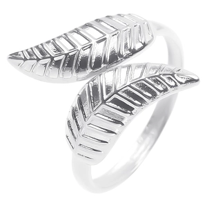 Detailed macro view of silver bypass ring featuring engraved double leaf patterns
