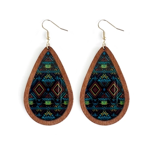 Aztec bohemian wooden teardrop earrings with colorful ethnic patterns and gold hooks