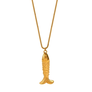 Polished gold fish pendant necklace featuring dot textures on a sturdy box chain
