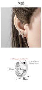 Detail showing 316L stainless steel earrings dimensions and model wearing display