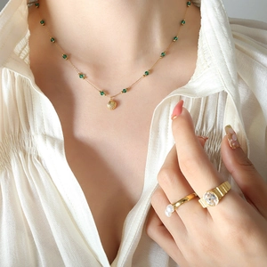 18K gold plated shell pendant necklace and rings with green beads and pearls