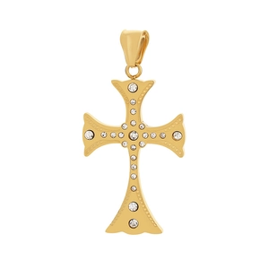 Hip hop gold cross pendant with sparkling crystals and fleur-de-lis design on white background