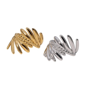 Polished wheat ear 18k gold and silver stainless steel rings with beaded texture detail