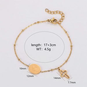 Gold oval portrait and cross pendant bracelet with minimalist chain and adjustable clasp