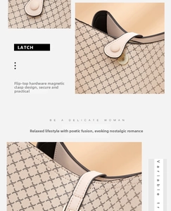 Detail of magnetic buckle closure and geometric pattern on beige bucket bag