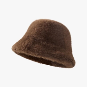 Brown faux fur bucket hat for women, thick plush winter fisherman cap with soft texture