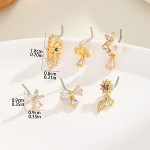 6-piece gold nose stud set with cubic zirconia moon, butterfly and flower pendants