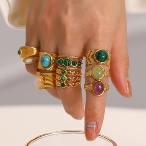 French vintage titanium steel ring set with turquoise and malachite stones