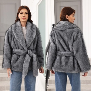 Chic grey faux fur coat with belt, showcasing front and back views in a minimalist setting