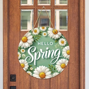 Round wooden Hello Spring door sign with white daisies on green background and jute rope