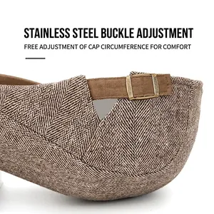 Brown herringbone newsboy cap featuring an adjustable stainless steel buckle on the back