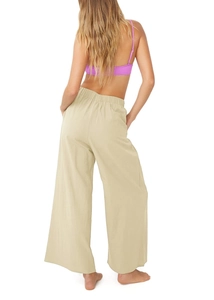 Vue arrière d'un pantalon large en coton et lin kaki avec taille haute et coupe fluide