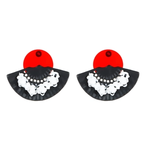 Ethnic style fan-shaped acrylic earrings with red studs and white 3D floral details