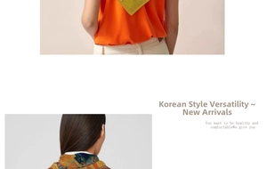 Artistic silk scarf with Van Gogh Starry Night print tied on a bright orange top
