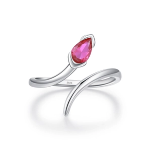 S925 sterling silver open snake ring with rose red pear-shaped gemstone on white base