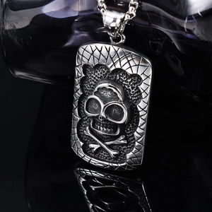 Vintage stainless steel skull crossbones dog tag pendant necklace for men hip hop style