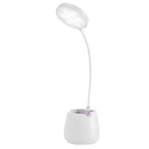White LED desk lamp with flexible neck and integrated pen holder on a white background