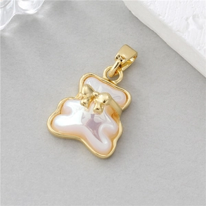 14K gold plated teddy bear pendant with pink pearlescent inlay and zircon accents