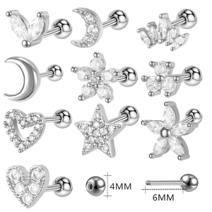 Set di orecchini a lobo con zirconi stella e luna in acciaio con sfere 4mm e perni 6mm