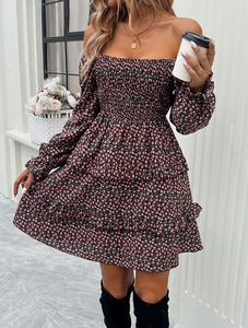 Fashionable floral off-shoulder mini dress with long sleeves and ruffled layered skirt
