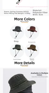 Détails du chapeau de soleil vintage en polyester avec bord de 8 cm et cordon coupe-vent