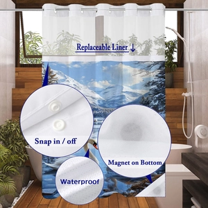 Détail du rideau de douche cygne avec doublure clipsable et aimants en bas