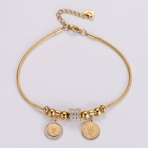 PVD 18k gold plated stainless steel Queen Elizabeth coin bracelet with diamond accents