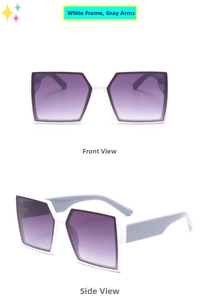 Detail view of children's square sunglasses with white frames and purple gradient lenses