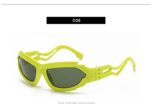 Detail view of lime green sunglasses with hollow out temple and futuristic frame design