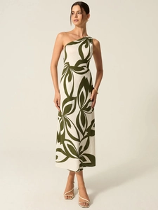 Elegant one-shoulder knit maxi dress with green leaf print on beige background