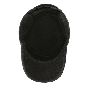 Men's winter flat top thermal cap with ear flaps and warm fleece lining in black
