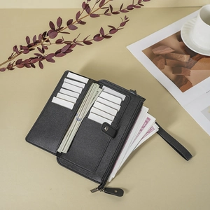 Elegant black long multi-functional leather wallet with card slots and metal zipper