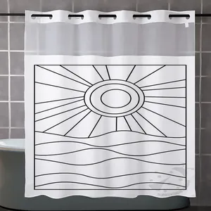 Détail du rideau de douche gaufré avec motif soleil et bande mesh supérieure