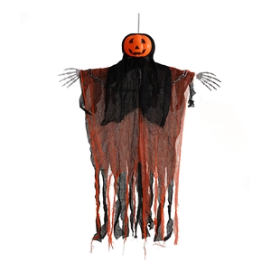 Halloween hanging ghost decoration with orange pumpkin head and long black gauze shroud