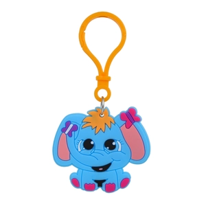 Detail view of blue elephant keychain with orange hook and durable PVC material