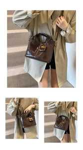 Three-way view of a dark brown vintage oil wax leather tote bag with metal lock detail