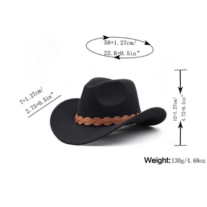 Chapeau de cowboy fedora en laine noire avec bande en cuir et mesures de taille