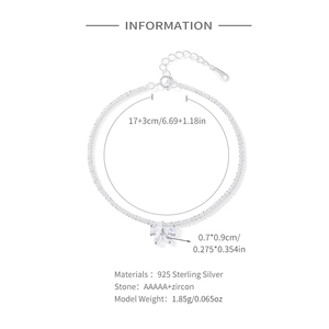 S925 sterling silver bow bracelet with AAAAA+ zircon and 17+3cm adjustable chain
