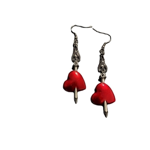Gothic silver hook earrings with red heart pendants and skull bat rock elements