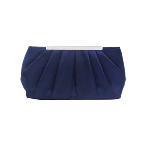 Elegant Pleated Satin Evening Clutch Bag Women Formal Party Wedding Handbag With Silver Metal Frame Clasp Elegant Style